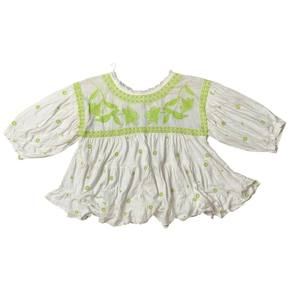 Free People White Lime Green Embroidered Babydoll Top Puff Sleeve Boho Medium